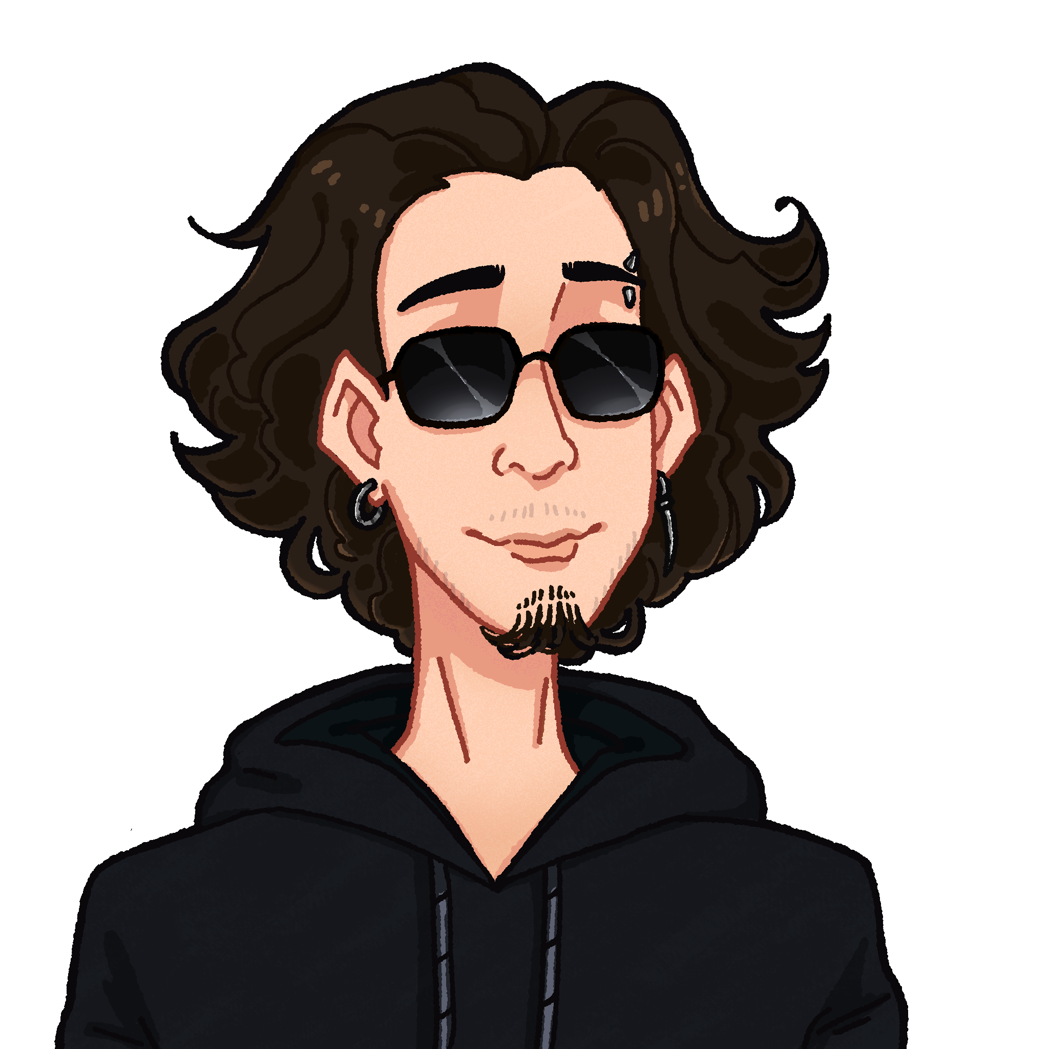 Illustrated portrait of Alperen with curly dark hair, sunglasses and a black hoodie